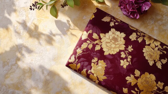 A wedding invitation with burgundy floral patterns and gold highlights on a soft cream background.