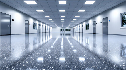 Aufkleber - A modern, illuminated corridor with shiny floors and multiple doors, creating a clean and spacious atmosphere