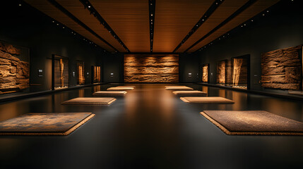 Poster - A modern art gallery showcasing textured wall pieces under ambient lighting, creating an inviting and contemplative atmosphere