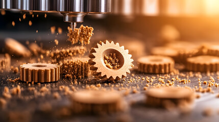 Poster - A close-up view of gears being machined, showcasing metal shavings and precision engineering in a workshop environment