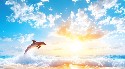 Poster - A dolphin leaps joyfully over sunlit ocean waves under a vibrant sky filled with clouds at sunset