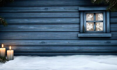 Poster - Soft candlelight glows against a snowy landscape outside a charming blue cabin, creating a peaceful winter ambiance