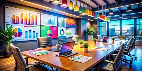 Poster - Efficient Business Meeting with Laptops, Charts, and Graphs on Table, Showcasing Collaboration and Productivity in a Modern Office Environment for Corporate Success