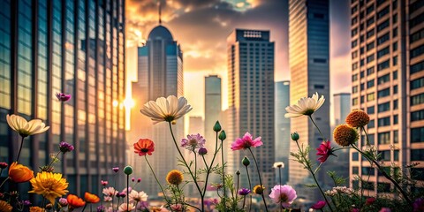 Poster - Elegant Architectural Photography Featuring a Striking Illustration of Flower Silhouettes Against Modern Urban Backdrops