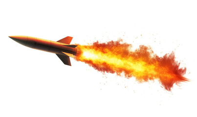 Poster - Rocket launching with flames and smoke, dynamic motion, bright colors, high-speed propulsion, isolated on transparent background, png