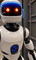 Poster - A cutting-edge robot with glowing red eyes stands in a futuristic environment, highlighting advances in robotics and artificial intelligence