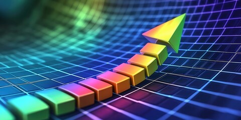 Poster - Colorful 3D Graph with Rainbow Arrow Pointing Upward on Market Trends Background for Financial Growth and Investment Visualization