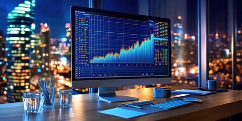 Poster - computer screen displaying financial chart with data trends in city skyline background, modern works