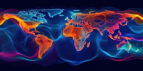 Poster - vibrant digital world map illustrating global financial connections and data visualization with dyna