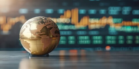 Poster - golden globe on table with stock market charts in the background illustrating global financial trend