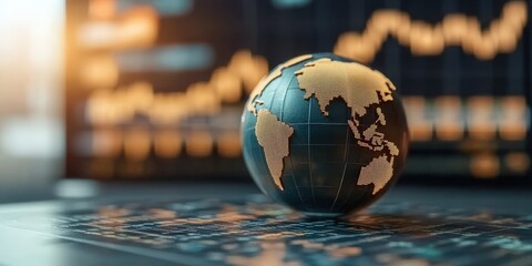 Poster - a 3d globe displaying global stock market trends with graphs and data analysis behind it