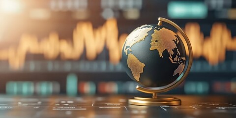 Poster - global economy concept with world globe and stock market charts in the background for financial and 