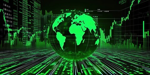 Poster - glowing green globe surrounded by stock market data visuals representing global financial trends and
