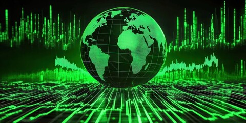 Poster - green glowing globe with global stock market charts displaying data trends and information in a digi
