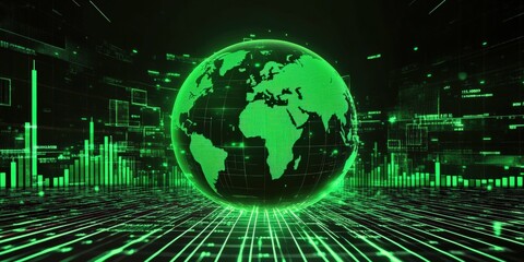 Fototapete - Glowing Green Globe Representing Global Markets with Digital Charts and Data Analytics . Global Stock market rally or recovery concept.stock, cryptocurrency background	
