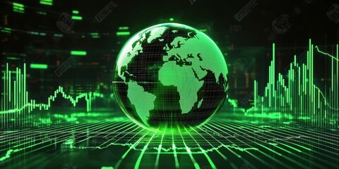 Poster - Green Glowing Globe Representing Global Stock Market with Charts and Graphs for Financial Analysis and Business Insights. Global Stock market rally or recovery concept.stock, cryptocurrency background