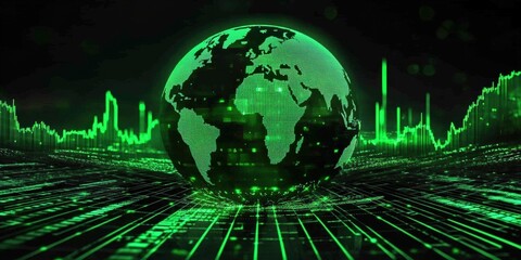 Poster - green glowing globe representing global stock market trends with charts and data visualization for f