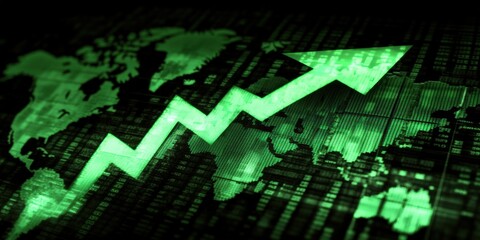 Poster - green arrow indicates upward trend in stock market with global map background representing financial