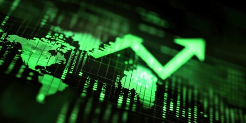 Poster - Green Stock Market Graph with Upward Arrow Representing Growth and Positive Trends in Financial Data Analytics. Global Stock market rally or recovery concept.stock, cryptocurrency background	
