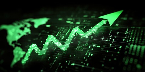 Poster - Green Arrow Rising on a Stock Market Graph with Data Points and Global Map Background Indicating Positive Growth Trends. Global Stock market rally or recovery concept.stock, cryptocurrency background	