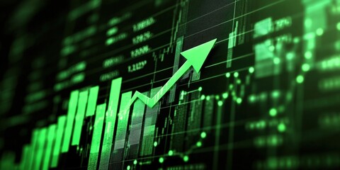 Poster - green stock market graph illustration with upward arrow indicating growth in financial trends and in