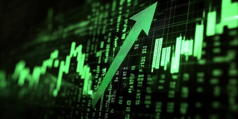 Poster - green stock market graph showing rising trend with an upward arrow on digital financial display back