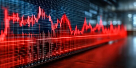 Poster - digital display of red stock market graph on modern screen indicating market trends and financial fl