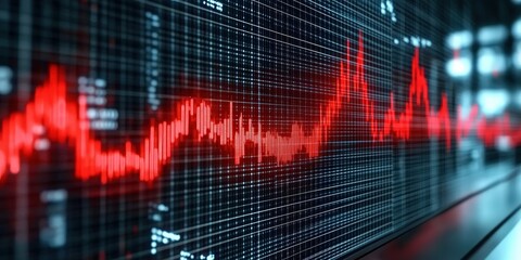 Poster - Red Stock Market Graph with Black Grid Lines Displaying Fluctuations in Financial Data and Market Trends Over Time