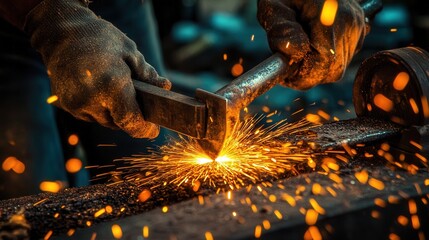 Poster - A blacksmith creating a handmade knife, carefully grinding the edge with a wheel, shaping it with a hammer, and inspecting it for quality and sharpness