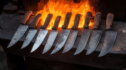 Poster - A blacksmith creating a set of custom knives, grinding the edges and polishing the handles, ensuring each piece is perfectly crafted for its intended use