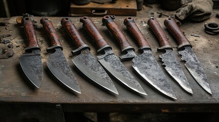 Poster - A blacksmith creating a set of custom knives, grinding the edges and polishing the handles, ensuring each piece is perfectly crafted for its intended use