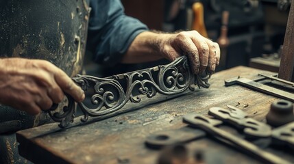 Poster - A blacksmith creating decorative hooks for a home, shaping the iron with delicate care, making sure each piece fits the client specific design request.