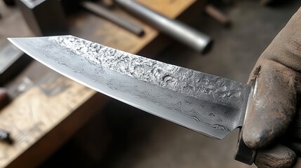 Poster - A blacksmith forging a custom knife blade, carefully monitoring the temperature of the steel and shaping the edge with a hammer, all while surrounded by tools.