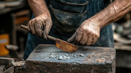 Poster - A blacksmith shaping a piece of copper into an ornate jewelry item, using a combination of heat, hammering, and polishing to achieve a smooth finish