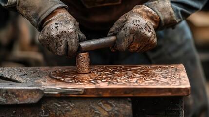 Poster - A blacksmith shaping a piece of copper into an ornate jewelry item, using a combination of heat, hammering, and polishing to achieve a smooth finish