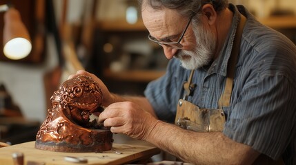 Poster - A blacksmith shaping a piece of copper into an ornate jewelry item, using a combination of heat, hammering, and polishing to achieve a smooth finish