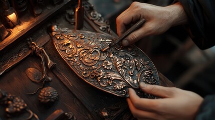 Poster - A blacksmith shaping a piece of copper into an ornate jewelry item, using a combination of heat, hammering, and polishing to achieve a smooth finish