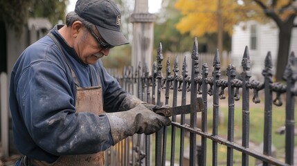 Poster - A blacksmith shaping metal bars into a custom-made fence, hammering and bending the metal with tongs