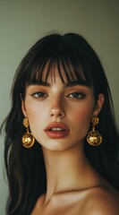 Wall Mural - Photograph of an elegant woman wearing gold earrings, with dark hair and bangs