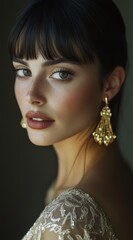 Wall Mural - Photograph of an elegant woman wearing gold earrings, with dark hair and bangs