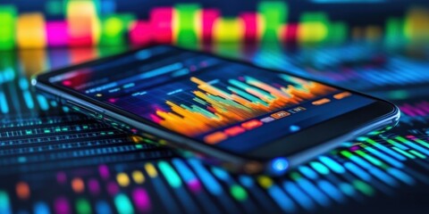 Poster - smartphone displaying real-time stock market data with vibrant graphs and colorful bar charts on a d
