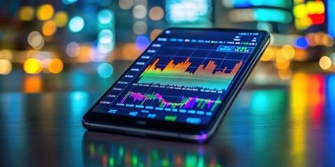 Poster - smartphone displaying real-time stock market data with vibrant graphs and visuals in a dynamic urban