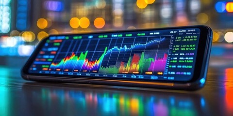 Poster - vibrant display of real time stock market data on a smartphone screen with colorful graphs and bokeh