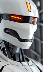 Poster - A detailed view of a sleek, futuristic robot in a high-tech setting, featuring advanced technology and intricate mechanical design elements