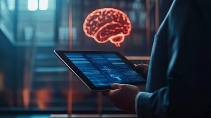 Poster - A confident lawyer holding a tablet displaying AI ethics details, with a dynamic 3D hologram of a brain representing AI in the background.