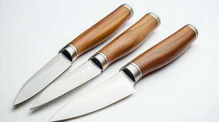 A set of high-quality kitchen knives with stainless steel blades and wooden handles isolated on a white background no shadows