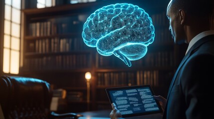 Poster - A formal office setting with a lawyer holding a tablet displaying AI ethics laws. Behind, a glowing holographic AI brain adds a futuristic element.