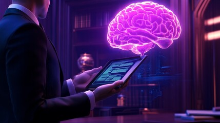 Poster - A formal office setting with a lawyer holding a tablet displaying AI ethics laws. Behind, a glowing holographic AI brain adds a futuristic element.