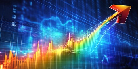 Poster - dynamic stock market graph with upwards arrow representation of growth and investment trends in fina