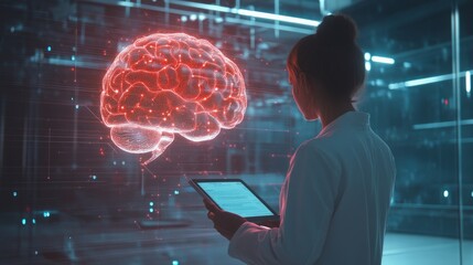 Poster - A modern office view with a lawyer holding a tablet discussing AI ethics laws. In the background, a glowing AI brain hologram adds a sense of innovation
